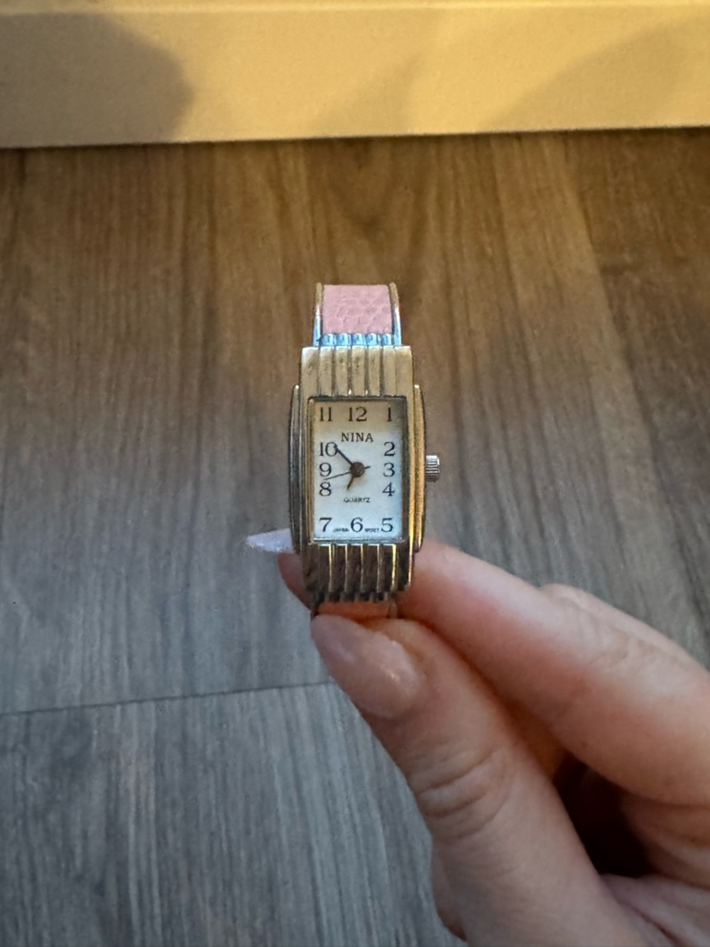 Nina Silver-Tone Rectangular Watch with Pink Strap